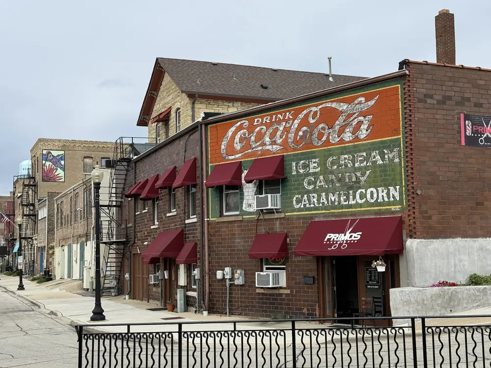 Historic downtown West Chicago, IL storefronts with vintage painted mural